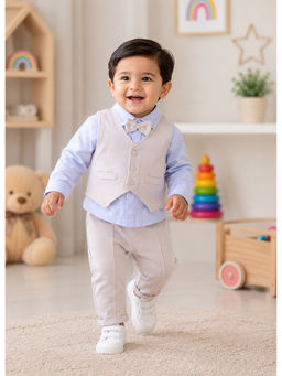 Bumzee - Blue And Beige Full Sleeves Shirt-Waistcoat & Pant With Applique Bow