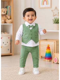 Bumzee - White And Green Full Sleeves Shirt-Waistcoat & Pant With Applique Bow