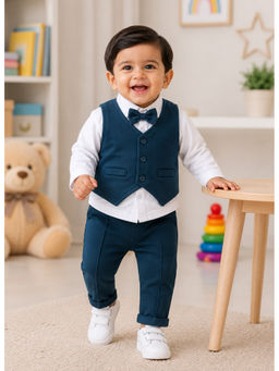 Bumzee - White And Teal Full Sleeves Shirt-Waistcoat & Pant With Applique Bow
