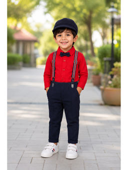 Bumzee - Red And Navy Blue Full Sleeves Shirt-Pant With Suspender & Cap