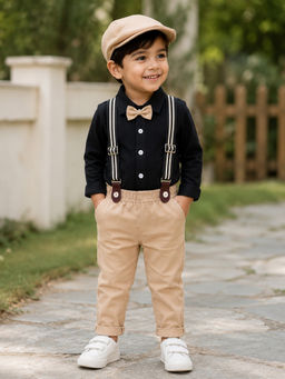 Bumzee - Black And Beige Full Sleeves Shirt-Pant With Suspender & Cap