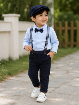 Bumzee - Sky Blue And Navy Blue Full Sleeves Shirt-Pant With Suspender & Cap