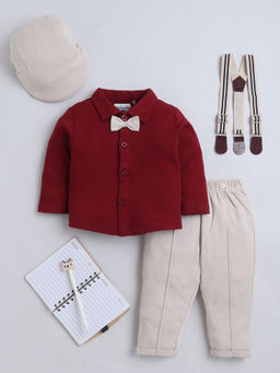 Bumzee - Maroon And Beige Full Sleeves Shirt-Pant With Suspender & Cap