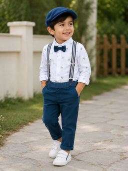 Bumzee - White And Teal Full Sleeves Shirt-Pant With Suspender & Cap