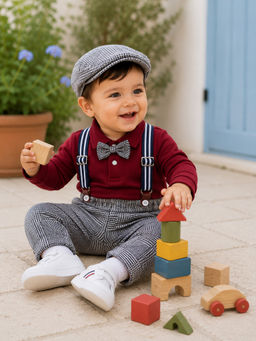 Bumzee - Maroon And Grey Full Sleeves Bodysuit Pant With Suspender & Cap
