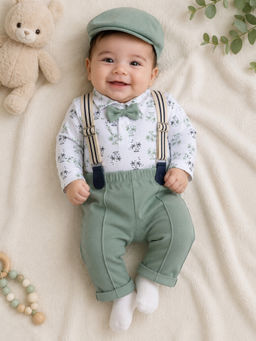Bumzee - White And Green Full Sleeves Bodysuit Pant With Suspender & Cap