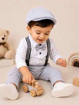 Bumzee - White And Grey Full Sleeves Bodysuit Pant With Suspender & Cap