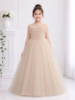 Toy Balloon Kids - Toy Balloon Girls Party Wear Gown Full Length Gown-Beige