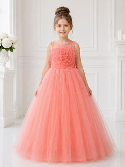 Toy Balloon Kids - Toy Balloon Girls Party Wear Gown Full Length Gown-Peach
