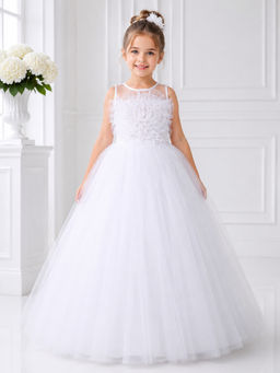 Toy Balloon Kids - Toy Balloon Girls Party Wear Gown Full Length Gown-White