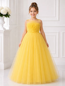 Toy Balloon Kids - Toy Balloon Girls Party Wear Gown Full Length Gown-Yellow