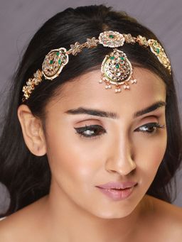 Aatmana - Gold Plated Green & White Kundan Studded & Pearl Beaded Meenakari Mathapatti