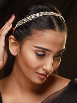 Aatmana - Gold Plated White Kundan Studded & Pearl Beaded Rajputi Matha Patti