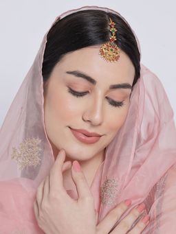 Aatmana - Gold Plated Red & Green Stone Studded Peacock Maangtikka