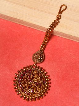Aatmana - Gold Plated Maroon Studded & Beaded Handcrafted Maangtikka