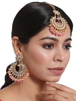 Aatmana - Gold Toned White Kundan Studded & Pink Pearls Maangtikka & Earring Set
