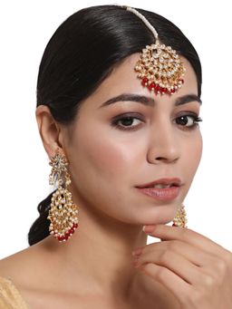 Aatmana - Gold Toned Maroon & White Kundan Stone Studded & Pearls Maangtikka & Earring Set
