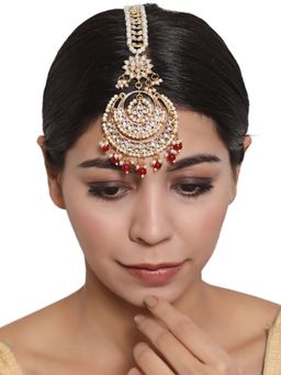 Aatmana - Gold Toned Maroon & White Kundan Stone Studded & Pearls Traditional Maangtikka