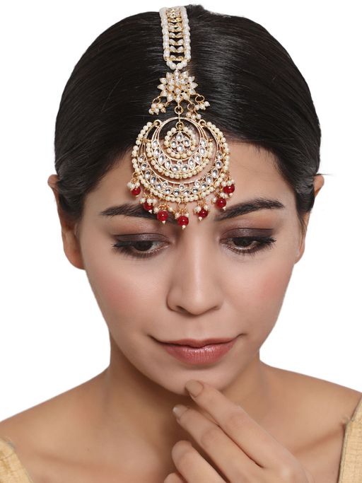 Aatmana Gold Toned Maroon & White Kundan Stone Studded & Pearls Traditional Maangtikka