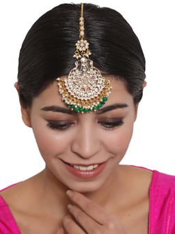 Aatmana - Gold Toned Green & White Kundan Stone Studded & Pearls Beaded Maangtikka