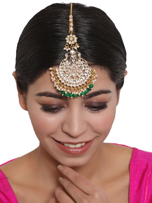 Aatmana Gold Toned Green & White Kundan Stone Studded & Pearls Beaded Maangtikka