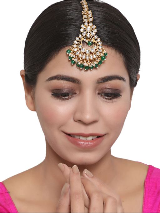 Aatmana Gold Toned Green & White Kundan Stone Studded & Pearls Traditional Maangtikka
