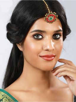 Aatmana - Gold Toned Green & Pink Kundan Stone Studded & Pearls Beaded Traditional Borla