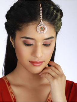 Aatmana - Rose Gold Plated Green Ad Studded Handcrafted Maangtikka