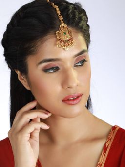 Aatmana - Gold Plated Green & Red Stone Studded & Beaded Floral Temple Maangtikka