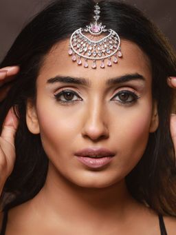 Aatmana - Silver Plated Pink & White Ad Studded Handcrafted Maangtikka