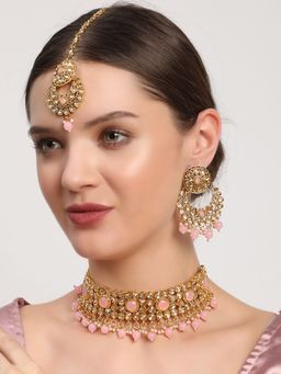 Aatmana - Pink Pearls Kundan Beads Gold Plated Choker Set with Maangtikka