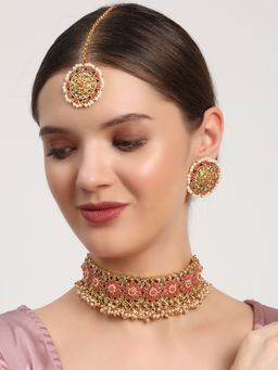 Aatmana - Pink Pearls Beads Kundan Stones Gold Plated Choker Set with Maangtikka
