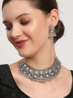 Aatmana - Pink Stones Studded Oxidised Silver Plated Jewellery Set