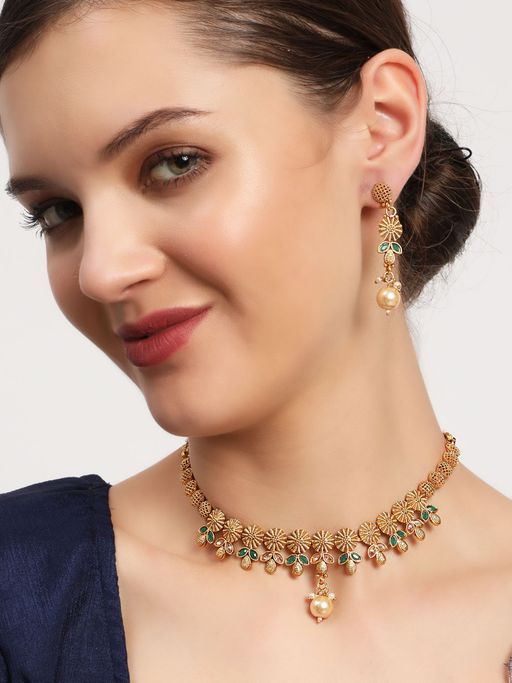 Aatmana Gold Plated & Green Stone Studded Handcrafted Jewellery Set
