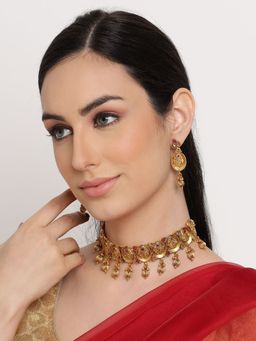 Aatmana - Gold Plated Emarald Floral Antique Choker Jewellery Set