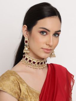 Aatmana - Gold Plated Maroon & White Kundan Studded Handcrafted Jewellery Set
