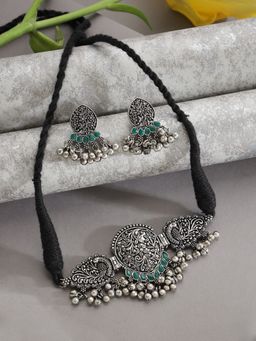 Aatmana - Oxidized Silver Plated Green Stone Handcrafted Peacock Shaped Jewellery Set