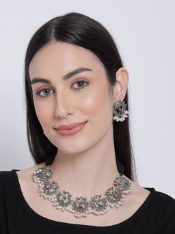 Aatmana - Oxidised Silver Plated & Green Stone Studded & Beaded Traditional Jewellery Set