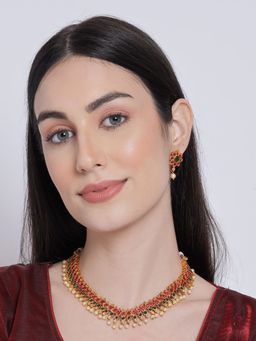 Aatmana - Pink & Green Gold Plated Stone Studded & Beaded Handcrafted Jewellery Set