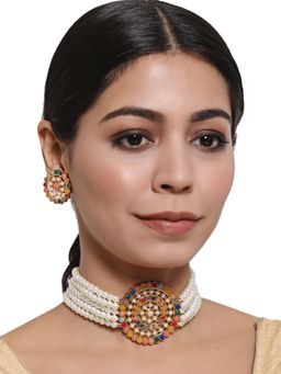 Aatmana - Gold Plated White & Green Pearl Studded Choker Jewellery Set