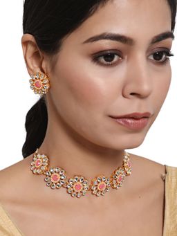 Aatmana - Gold Plated White & Pink Kundan Studded Floral Traditional Jewellery Set