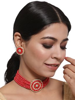Aatmana - Women Red & White Kundan Studded & Beaded Handcrafted Jewellery Set