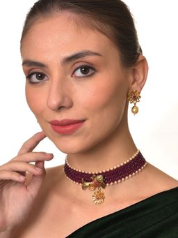Aatmana - Gold Toned & Maroon Fish Studded & Beaded Jewellery Set