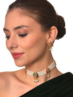 Aatmana - Gold Plated White Kundan Studded & Beaded Jewellery Set