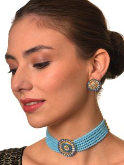 Aatmana - Gold Plated White & Blue Kundan Studded & Beaded Minakari Jewellery Set