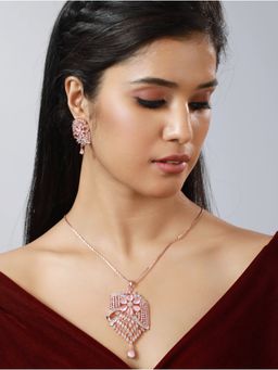 Aatmana - Rose Gold Plated & Pink Stone Studded Pendant Jewellery Set