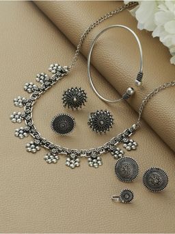 Aatmana - Oxidised Silver Plated German Silver Jewellery Set with Bracelet,Ring & Toe Ring