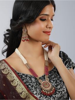 Aatmana - Gold Plated Pink & White Beaded Polka Rani Har Jewellery Set