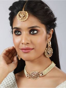 Aatmana - Gold Plated & White Kundan Studded & Beaded Choker Jewellery Set with Maangtikka