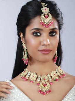 Aatmana - Pink Gold Plated Kundan Studded Enamelled Beaded Jewellery Set